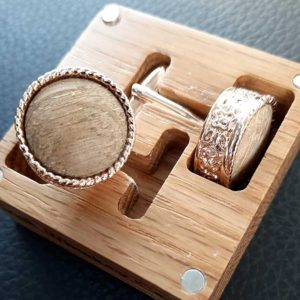 Personalised Irish Whiskey Cask Round Cufflinks Handmade In Galway, Ireland. Engraved with Initials in personalised engraved Oak Cufflink Box.