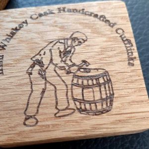 Personalised Irish Whiskey Cask Round Cufflinks Handmade In Galway, Ireland. Engraved with Initials in personalised engraved Oak Cufflink Box.