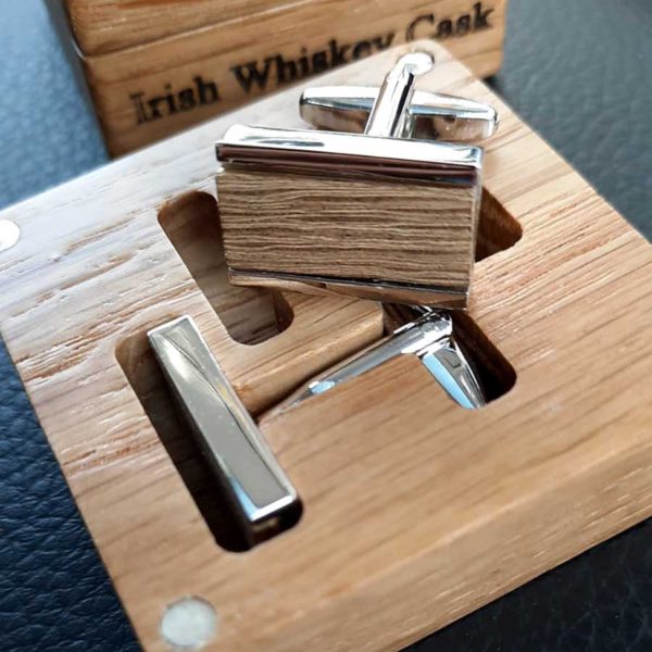 Personalised Cufflinks Handmade In Galway, Ireland of Irish Whiskey Cask Oak. Engraved with Initials in personalised engraved Oak Cufflink Box