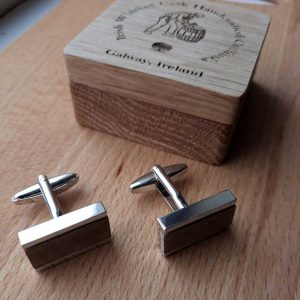 Personalised Cufflinks Handmade In Galway, Ireland of Irish Whiskey Cask Oak. Engraved with Initials in personalised engraved Oak Cufflink Box