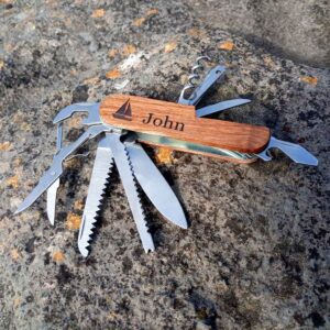 Engraved Multi Tool Pocket Penknife Personalised With Name & Image or Logo on Wooden Pocket Penknife. Knife Name Laser Engraving, Shipped From Ireland.